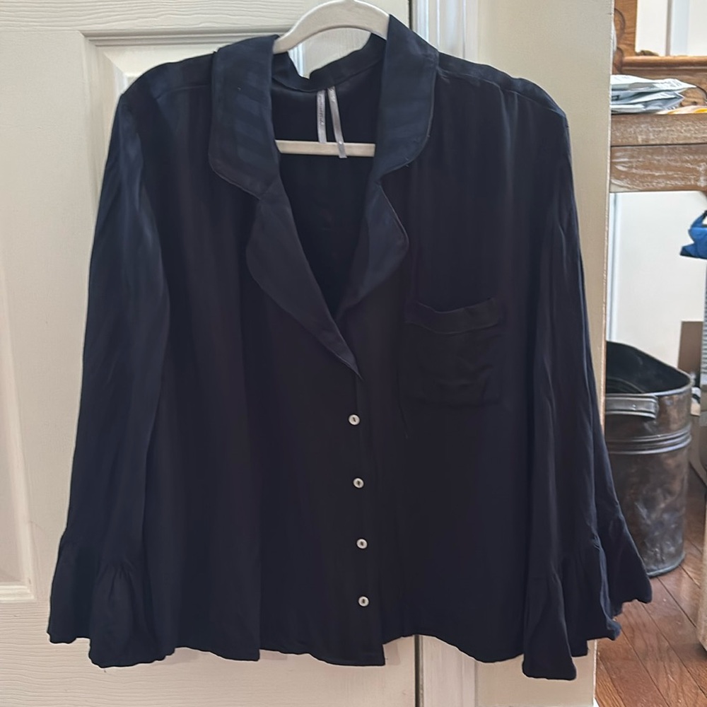 Anthropologie Navy Satin Button-Up Blouse
